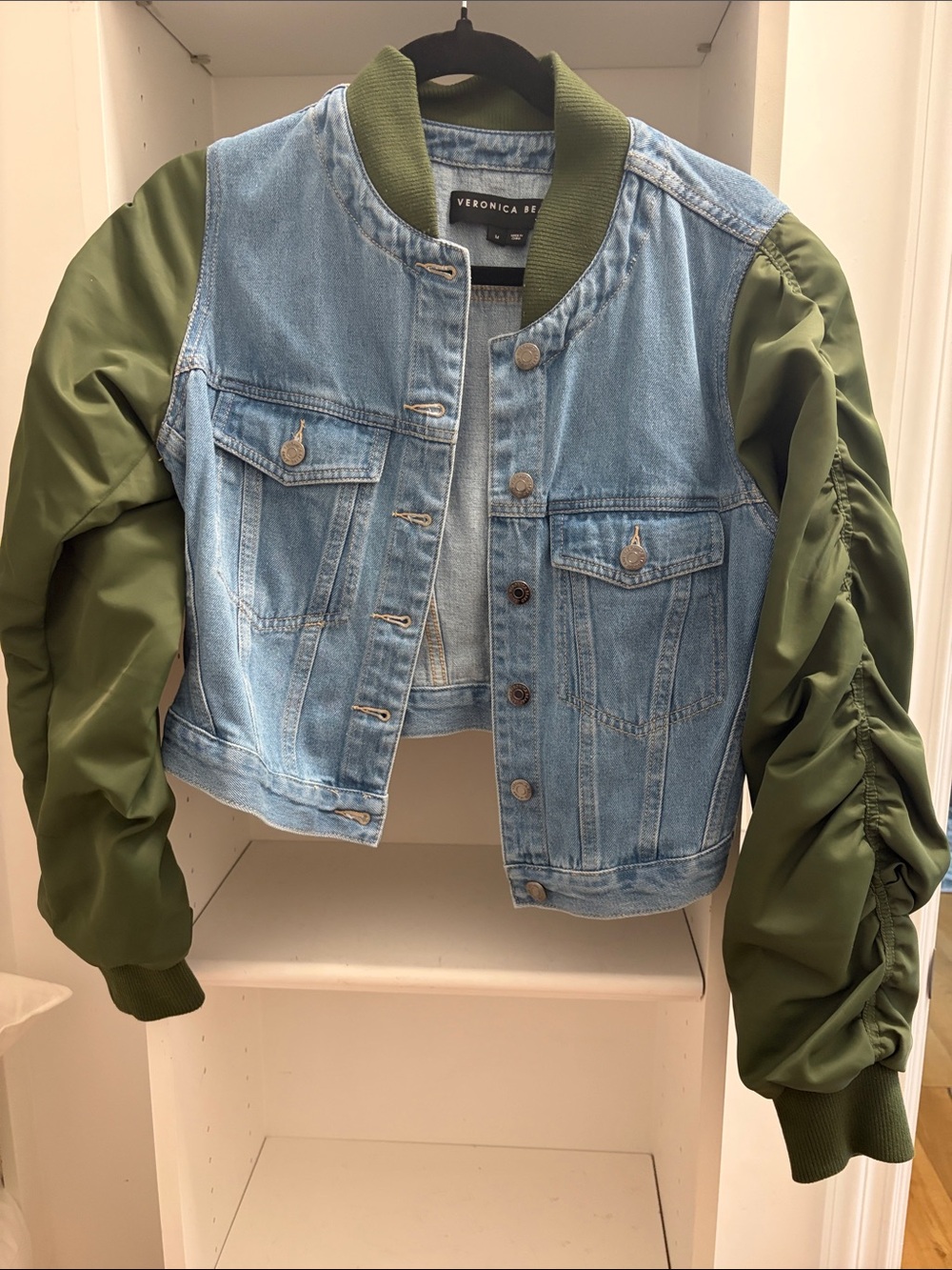 Veronica Beard Light Wash Denim Jacket with Olive Green Bomber Sleeves